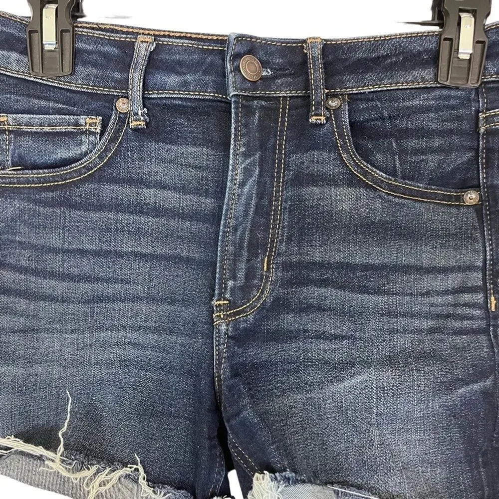 AMERICAN EAGLE SUPER HI RISE SHORTIE Raw Hem Cut Offs Dark Distressed Shorts 4